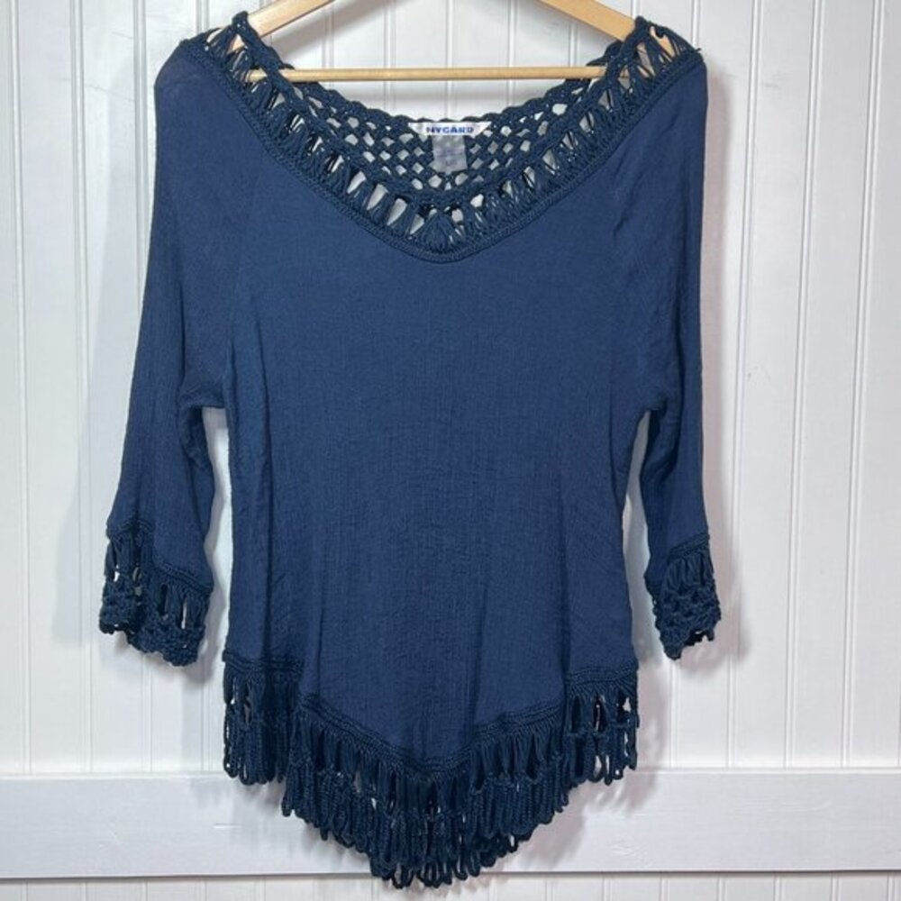 NYGARD Blouse Navy Crochet Hippie Indie Fairy Whimsy Festival V-Neck Fringe L - Picture 2 of 7